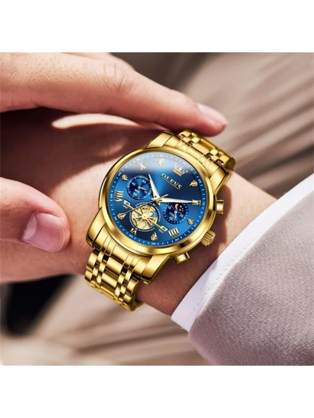 Mens Gold Blue Skeleton Stainless Steel Diamond Multi Calendar Chronograph Watch